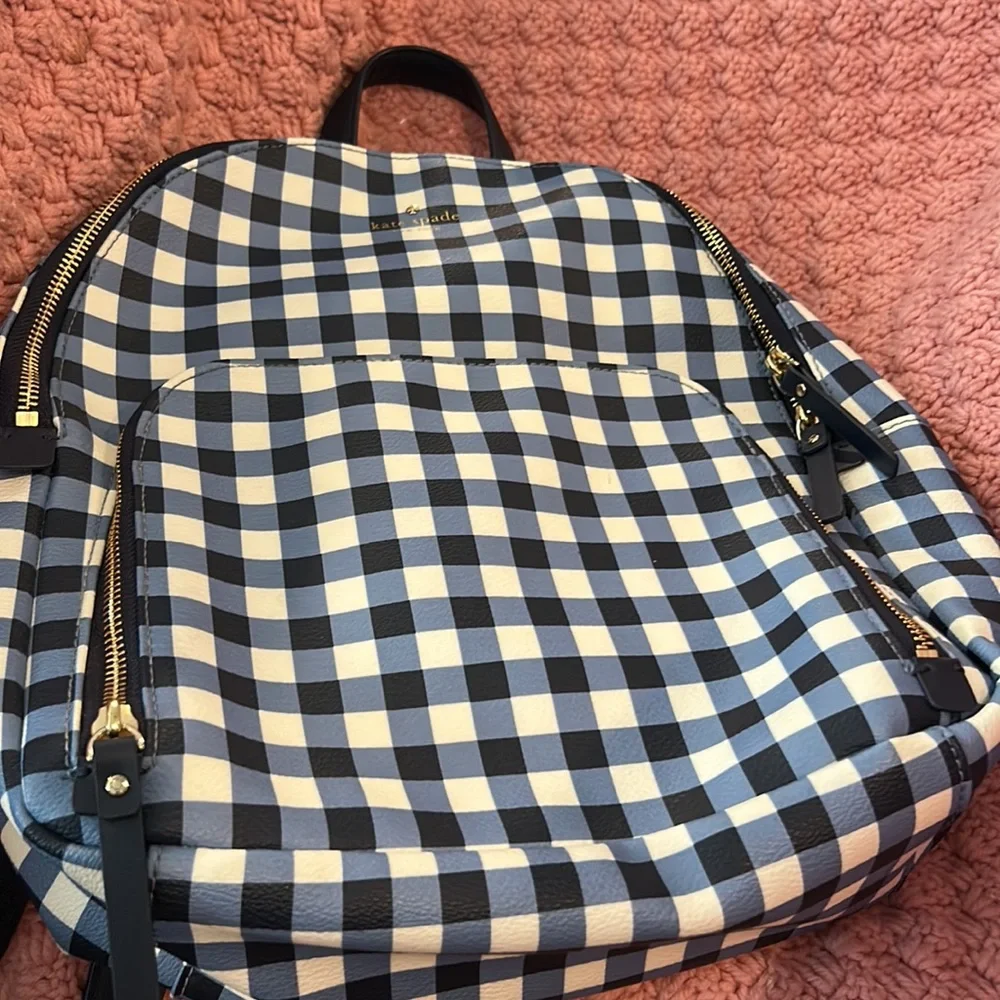 Kate Spade, large blue and white checkered backpack with extra front zipper part
